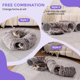 RYpetmia Plush Cat Tunnel Bed for Indoor Cats with Soft Cushion, Multi-Shape Play Cave with Hanging Balls, Large and Foldable Cat Donut Tunnel for Small and Large Pets (Brown)