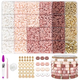 MIIIM Neutral Clay Bead Bracelet Kit, Heishi, Flat Clay and Gold Spacer Beads for Jewelry Making, Friendship Bracelet Kit for Crafts, Concerts, Raves, Gifts (Rose Smoke)