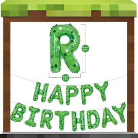 Green Pixel Miner Theme Happy Birthday Balloons Banner 16 Inch Letters, Inflatable Party Decor and Birthday Decorations for Women, Men, Boys & Girls Kids and Adults, Party Supplies