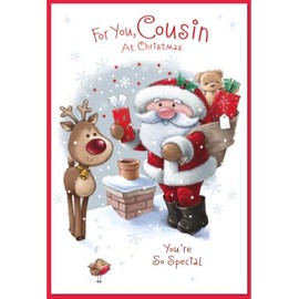 Cousin Christmas Card - Santa, Reindeer & Chimney with Red Foil 7.5x5.25"