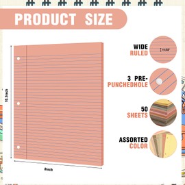 PerKoop 12 Pack 600 Sheets Colored Lined Paper Bulk Wide Ruled 8 x 10.5 Inches, Pastel Loose Leaf Notebook Paper 3 Hole Punched Filler for Back School Classroom Supplies(Cute Color)