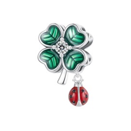 Qings Four Leaf Clover Charm Pendant for Bracelet Sterling Silver 925 Green Happy Ladybird Charms Beads with Cubic Zirconia for Necklace Birthday Gifts for Women Mother, Sterling Silver, Cubic