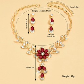 TTPSRY Jewelry Set for Women Crystal Flower Necklace Earrings Teardrop Rhinestone Cluster Statement Necklace Dangle Earrings Sets for Weddings Birthdays and Special Occasions Jewellery （Red）