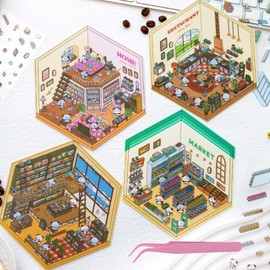 4Pcs 3D Fun Mini Panda House Stickers with Tweezers Make Your Own Mini Kitchen Bookstore Supermarket Room Scenes Stickers Cute Mini Room Craft Scrapbook Stickers for Relief Stress Pass The Time