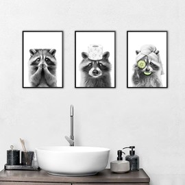 JINZUNRUI Bathroom Decorative Pictures, Black and White Bathroom Poster A4 Wall Pictures, Funny Raccoon Toilet Wall Decoration, Canvas Bathroom Pictures, Without Frame
