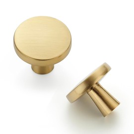 JOY DECOR 10 Pack Brushed Brass Kitchen Cabinet Knobs - 1-1/4 Inch Solid Drawer Pulls for Dresser, Round Door Handles, Simple Hardware