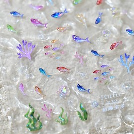 1sheet Summer Nail Sticker for Nail Art 5D Self-Adhesive Embossed Cute Little Fish Nail Decals Embossed Coral Seaweed Koi Nail Design Marine Life Nails Supplies for Women Beach Vacation Decoration