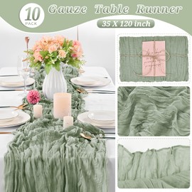 10 Pcs Sage Green Cheesecloth Table Runner 10FT, Gauze Table Runner for Wedding Reception Sheer Bridal Shower Birthday Party Boho Table Decoration, Rustic Romantic Wedding Runner
