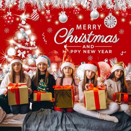 Merry Christmas Banner Decorations Xmas Backdrop for Photography - Red and Silver Merry Christmas and Happy New Year Background Back Drop Indoor Christmas Party Decor Supplies