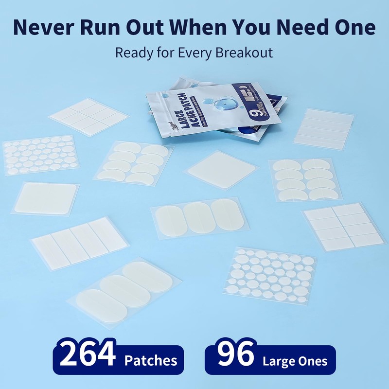 Large Pimple Patches for Face，9 Sizes XL Acne Patches，Big Hydrocolloid