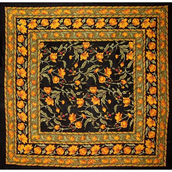 India Arts French Floral Square Cotton Tablecloth 60" x 60" Amber on Black