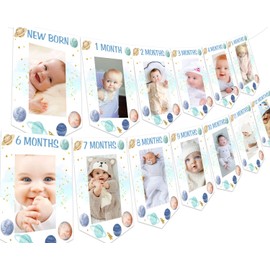Fangleland Space Theme 1 Birthday, Photo Banner, First Trip Around the Sun, Birthday Decoration, Blue Baby Picture Banner for Newborn to 12 Months Boy