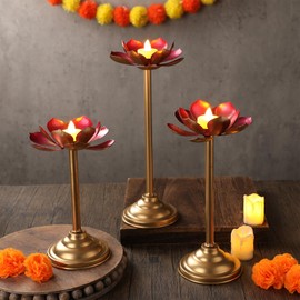 LemonRoad 3 Pcs Diwali Lotus Candle Holder Metal Diya Tealight Holder for Diwali Pooja Lotus Ghee Lamp Candle Indian Diya Oil Lamps Lamp for Buddha Temple Home Decoration