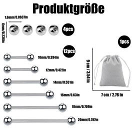 ZexJpr Zungenpiercing Chirurgenstahl, 12 Stück Zungenpiercing mit 4 Ersatzkugeln, 1.6 mm Stärke in verschiedenen Längen, mit Samtbeutel für sichere Aufbewahrun(10/12/14/16/18/20mm)