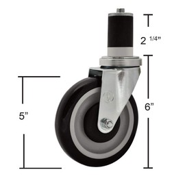 BK Resources 5" Wheel Polyurethane Expanding Stem Swivel Caster, NSF, Set of 4, Top Lock Brake, 300 Lb. Capacity, Fits 1-5/8" OD Tubing, Non-Marking Resistant to Acids & Caustics, Double Ball Bearing