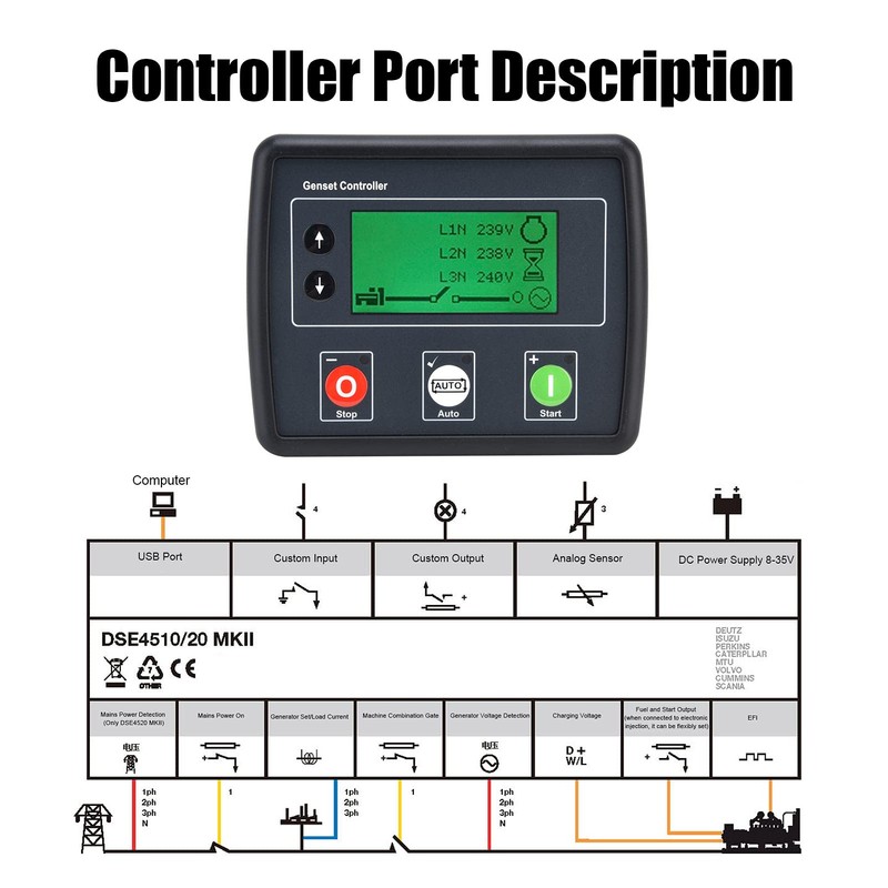 Genset Controller Self Starting Generator Controller LCD Display 3 Phase