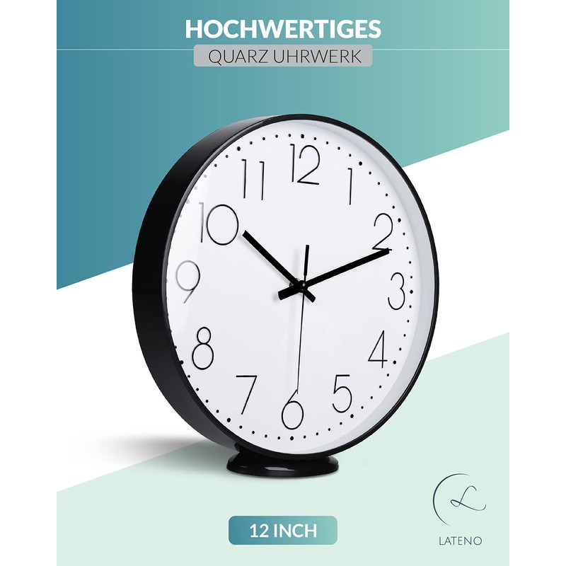 LATENO - Wall Clock for Standing or Hanging - Black