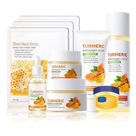 Set Cuidado Facial Cúrcuma Kit Limpiador Tónico Contorno Ojos Sérum Bálsamo Labial Miel Crema Loción Mascarillas Viaje