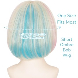 Miss U Hair Short Straight Blonde Bob Wig with Blue Pink Streaks Ombre Wig with Bangs for Cosplay Halloween