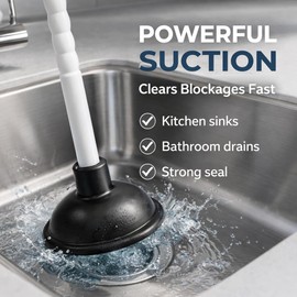 Gripzo Sink Plunger – 4 Inch Rubber Cup with 9 Inch Plastic Handle, Heavy Duty Drain Unblocker, Strong Suction for Kitchen Sink, Bathroom Drain & Blocked Pipes – White/Black