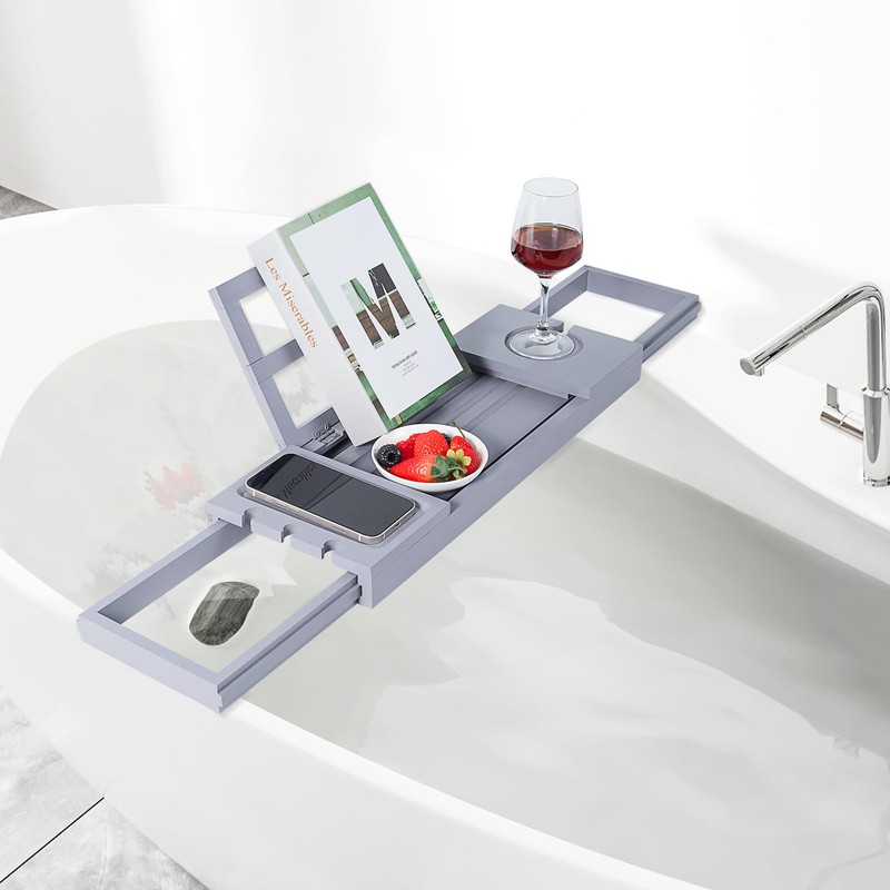 Utoplike Bathtub Tray Caddy Bamboo, Grey Bath Table for Tub