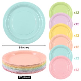 Breroa - 72 platos de papel de arco iris pastel de 9 pulgadas, desechables, resistentes platos de papel sostenibles, platos de postre, platos decorativos a granel para fiestas, día festivo, picnics
