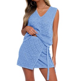 Fisoew Womens 2 Piece Crochet Swimsuit Cover Ups Sleeveless V Neck Tank Tops Wrap Skirt Sets Beach Vacation Outfits Sky Blue