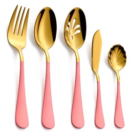 Moxinox 10-Piece Pink & Gold Flatware Serving Set, 18/0 Stainless Steel Colorful Handle, Includes Serving Fork, Solid & Pierced Serving Spoon, Sugar Spoon,Butter Knife,Mirror Polished,Dishwasher Safe