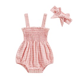 Tsseiatte Newborn Baby Girl Summer Bodysuit One Piece Ruffle Strap Romper Jumpsuit Cotton Blend Playsuit with Headband (F-plaid pink, 0-3 Months)