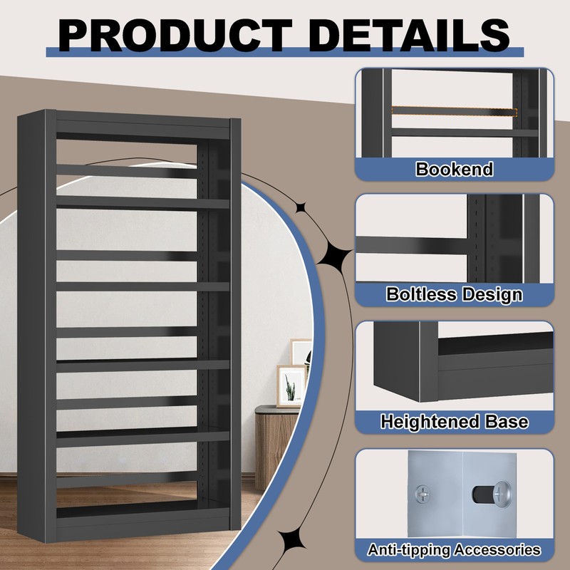 YILFANA 61" Metal Bookshelf and Bookcase | 5-Tier Adjustable Shelves,