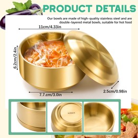 Reallnaive 4 Sets 12 oz Stainless Steel Korean Soup Rice Bowl with Lid for Cereal Kitchen Restaurant Double-walled Anti Scalding Metal Bowls for Soup Salad Noodles Insulated