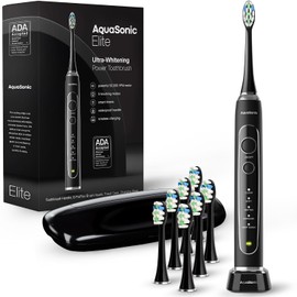 Aquasonic Elite Cepillo de dientes ultra blanqueador – Cepillo de dientes de energía aceptado ADA ADA – 8 cabezales de cepillo Proflex y estuche de viaje – Motor de 50.000 VPM y carga inalámbrica – 5