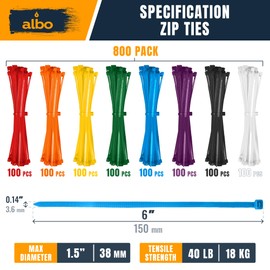 ALBO Multi Colored Zip Ties 6 Inch 800 Pack 40 lb, Neon Cable Ties Thick 0.14 Inch Tie Wraps UV Resistant Nylon Color Wire Ties for Craft