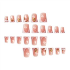 Short Press on Nails Duck Shaped Fake Nails 3D Flower and Golden Bow False Nails with Designs White French Tip Acrylic Nails Full Cover Stick on Nails for Women Nail Art Manicure 24 Pcs