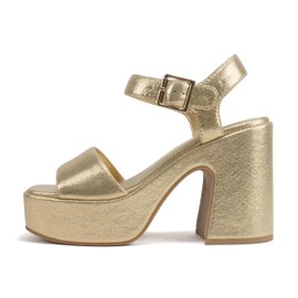 Soda LAUNCH ~ Women Open Toe Ankle Strap Platform Chunky High Heeled Sandal (Light Gold Shimmer, 10)