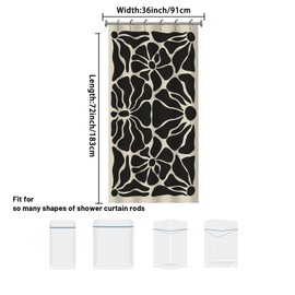 Black Floral Mid Century Shower Curtain, 36x72 Inch Waterproof Polyester