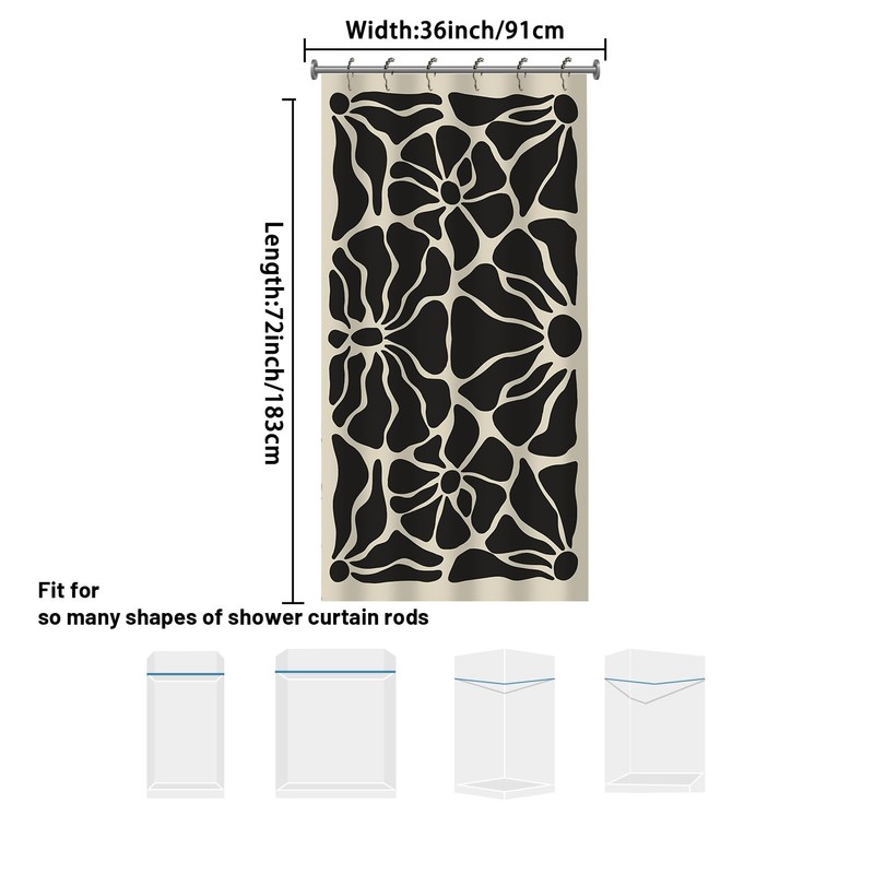 Black Floral Mid Century Shower Curtain, 36x72 Inch Waterproof Polyester