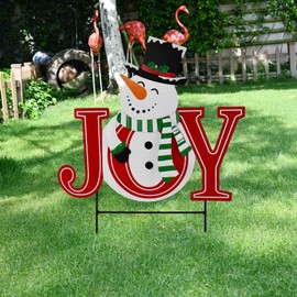 Christmas Joy Garden Stake, Metal Joy Snowman Sign Hanging Wall Decor, Xmas Yard Sign Merry Christmas Outdoor Decorations for Garden Lawn Patio Lawn Pathway (25.2" H)