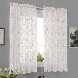 Sheer Curtains White-Beige 45 Inch Length Floral Embroidery Vintage Rod Pocket Voile Drapes for Living room, Bedroom, Window Treatments Semi Crinkle Curtain Panels for Farmhouse Set of 2, 52"x 45".