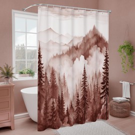Litabel Burgundy Extra Long Misty Pine Forest Shower Curtain 72 x 84, XL Mountain Foggy Woodland Scenery Tree Shower Curtains for Bathroom, Abstract Waterproof Nature-Themed Decor