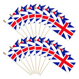 16 Pack Small UK United Kingdom Flags on Stick - Mini England British Flags with Kid-Safe Spear Top - 5x8 Inch Wooden pole Hand Held Stick Britain Flags for Patriotic Decorations Parades Parties