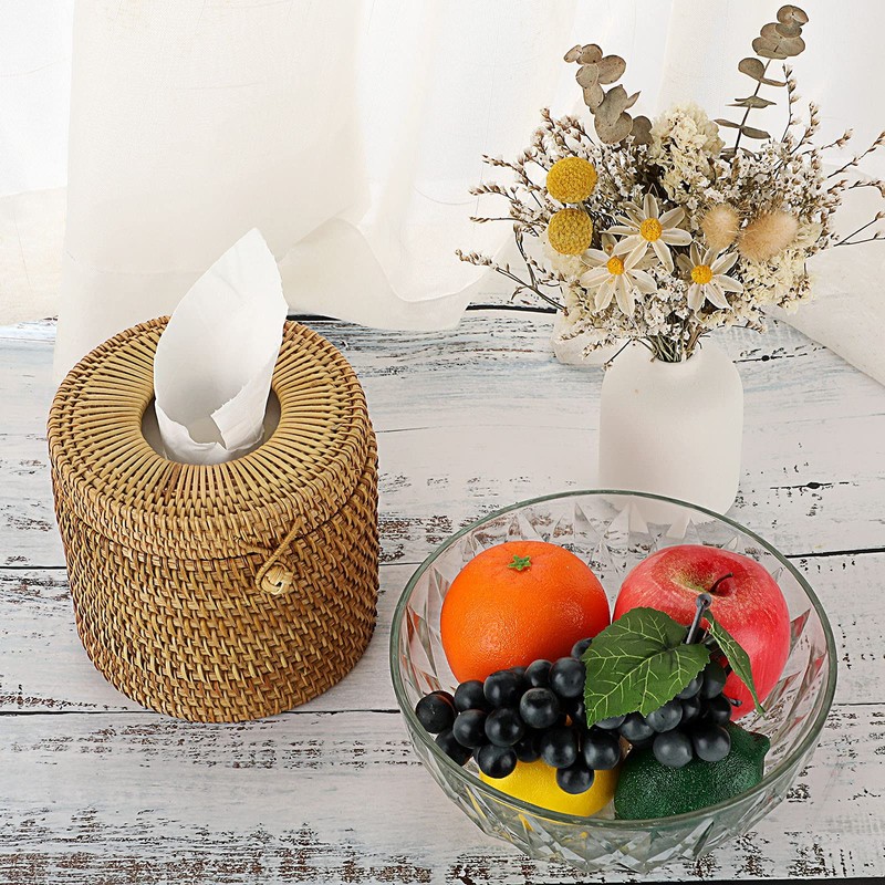 SUMTree Rattan Tissue Box Round Paper Box Organizer for Office