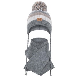 AJS Boys Winter Hat + Scarf Knitted Baby Bobble 40-42 Baby 3-12 Months, gray