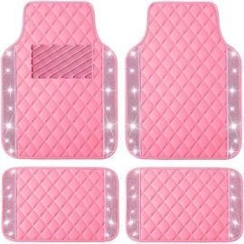 Juego de alfombrillas universales para coche con diamantes, piel sintética con purpurina, color rosa, para todo tipo de clima, impermeables, con diamantes de imitación de cristal, forros y