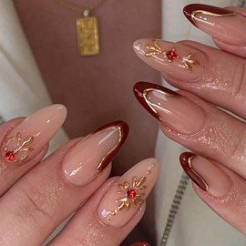 WBRRFJJ 24Pcs Red French Tip Press on Nails Medium Almond Acrylic False Nails with Gold Chrome Line Design 3D Full Cover Artificial Glue on Nails Glitter Red Rhinestones Stick on Nails for Women DIY