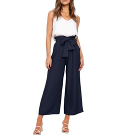 FANCYINN Womens 2 Piece Crop Pants Set V Neck Tank Wide Strap Tops High Waisted Cropped Paper Bag Pants with Belt Navy Blue Pants & White Top L