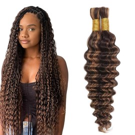 Tuheerst Human Braiding Hair For Boho No Weft P4/30 Highlight Brown Deep Wave Light Brown 50g/Bundle Total 100g Unprocessed Knotless Braids Human Hair Extension For Women 20 20 Inch