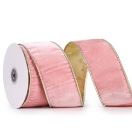 DINDOSAL Pink Velvet Ribbon Wired 2.5" x 10 Yards Pink Christmas Wired Ribbon with Gold Backside, Pink and Gold Wired Christmas Tree Ribbon for Wreaths, Bows, Crafts, Home Decor, Gift Wrapping
