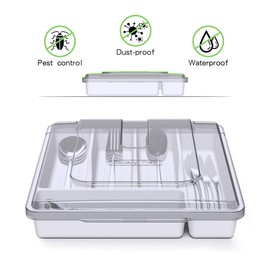 QINOL Silverware Organizer with Cover, Portable Cutlery Holder Flatware Tray with Lid Plastic Silverware Storage Box Airtight Black Cutlery Tray with Lid (White)