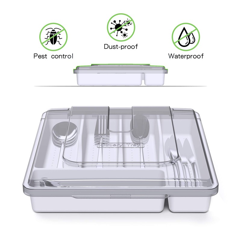 QINOL Silverware Organizer with Cover, Portable Cutlery Holder Flatware Tray